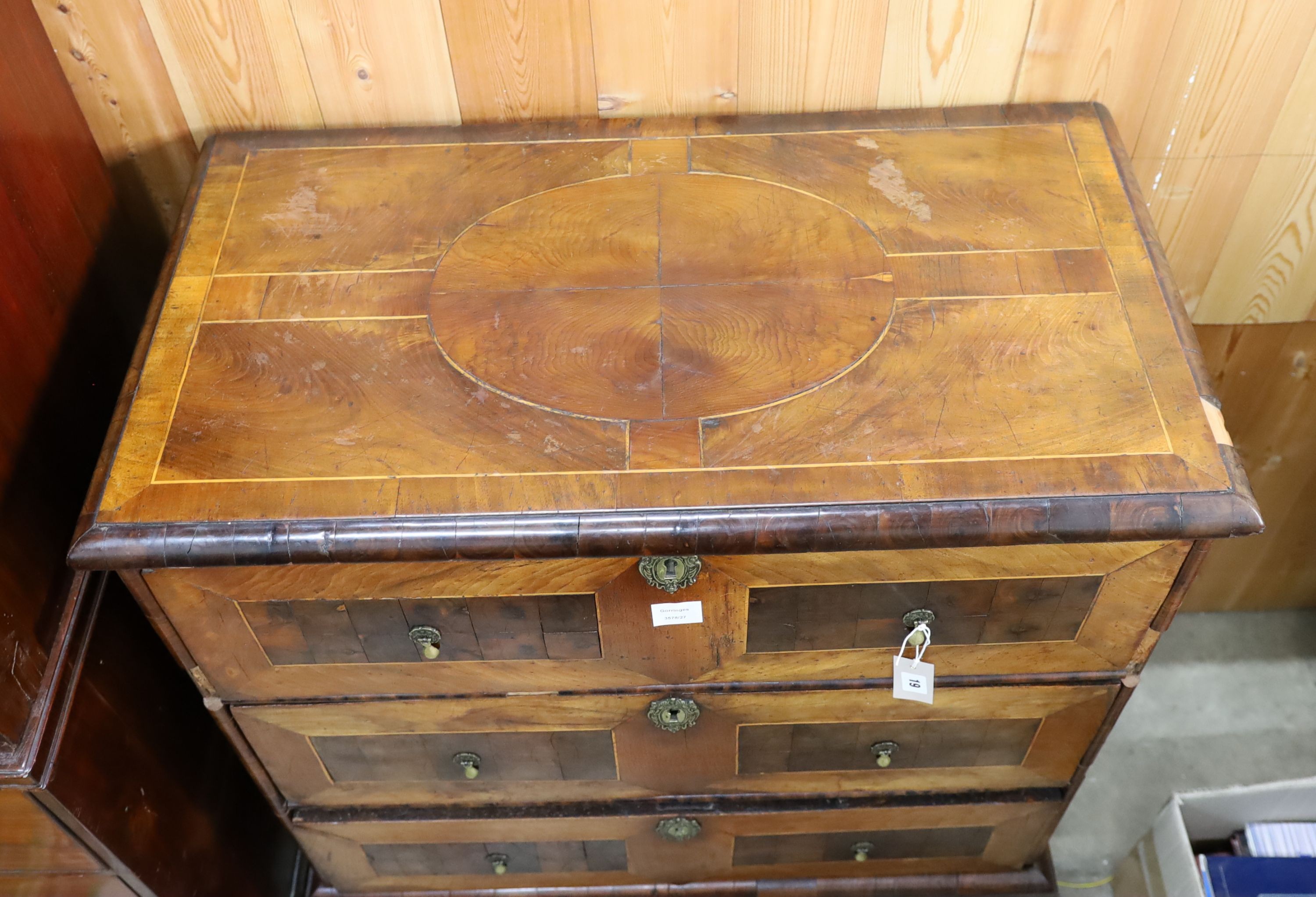 An early 18th century walnut chest on stand, width 90cm, depth 50cm, height 112cm